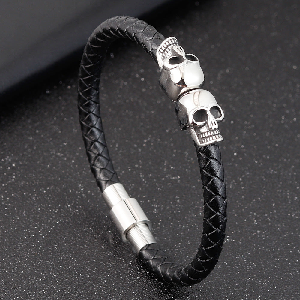 Herren-Lederarmband mit Totenkopf aus Edelstahl, geflochtenes schlichtes Design