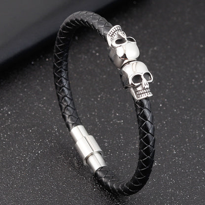 Herren-Lederarmband mit Totenkopf aus Edelstahl, geflochtenes schlichtes Design