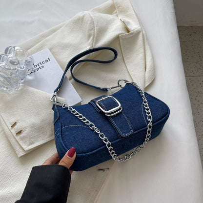 Denim shoulder bag for women with chain, fashionable crossbody handbag, small square underarm bag