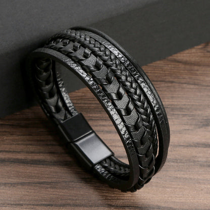 Fashionable multi-layered bracelet made of braided leather strap