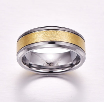 8 mm men's wedding ring made of tungsten carbide in gold color, brushed center, two grooves, beveled edges