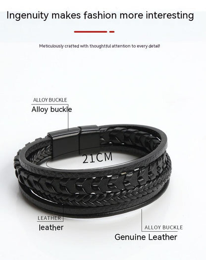 Fashionable multi-layered bracelet made of braided leather strap