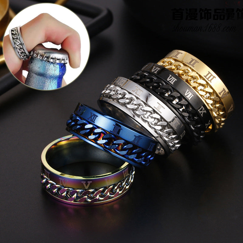 Drehbarer Herrenring aus Titanstahl mit römischen Ziffern und Kette, hochwertiger Multifunktions-Spinner mit Flaschenöffner, Punk-Partnerring