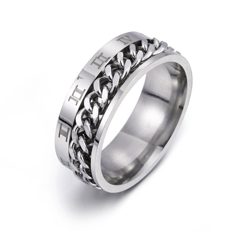 Drehbarer Herrenring aus Titanstahl mit römischen Ziffern und Kette, hochwertiger Multifunktions-Spinner mit Flaschenöffner, Punk-Partnerring