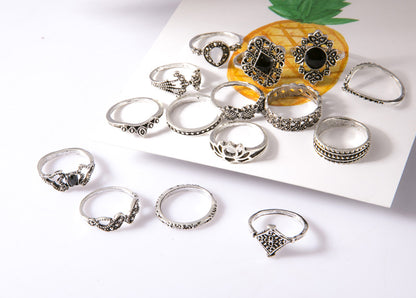 Modisches Trend-Ringset, 15-teilig, mit hohlem Lotus-, Sonnenblumen- und geometrischem Design, schwarzer Schmuckstein