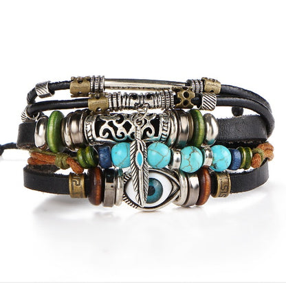 Blaues Evil Eye Lederarmband Mehrlagig Statement