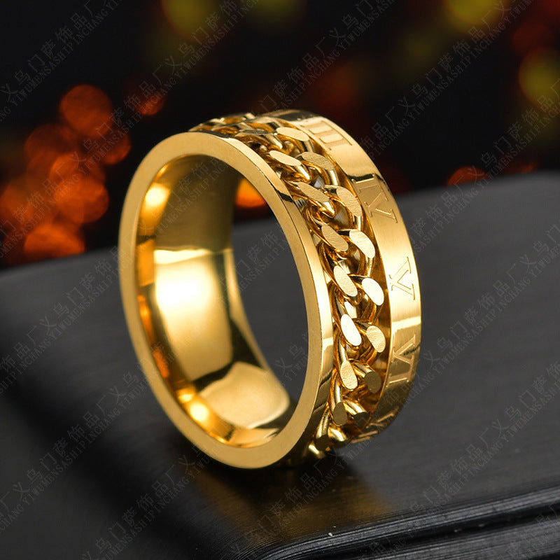 Drehbarer Herrenring aus Titanstahl mit römischen Ziffern und Kette, hochwertiger Multifunktions-Spinner mit Flaschenöffner, Punk-Partnerring