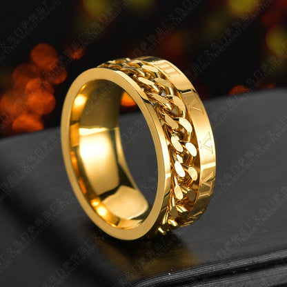 Drehbarer Herrenring aus Titanstahl mit römischen Ziffern und Kette, hochwertiger Multifunktions-Spinner mit Flaschenöffner, Punk-Partnerring