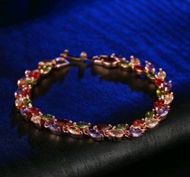 Fashionable copper bracelet with colorful crystals and zircon (willow design)