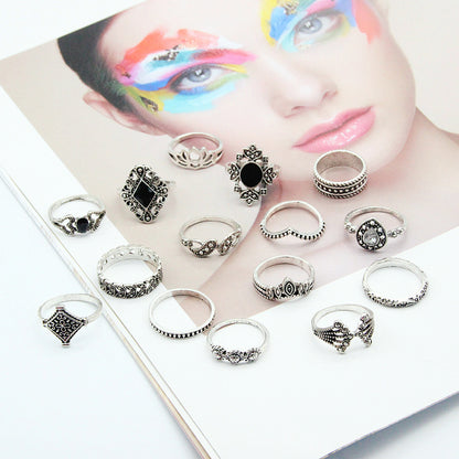 Modisches Trend-Ringset, 15-teilig, mit hohlem Lotus-, Sonnenblumen- und geometrischem Design, schwarzer Schmuckstein