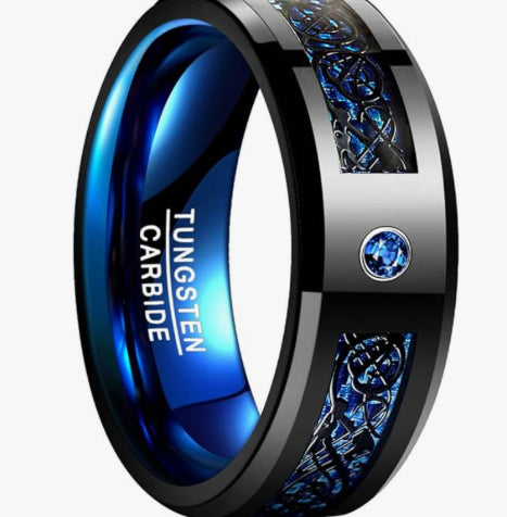 Modischer Herrenring aus Wolframstahl mit Epoxid-Einlage und Zirkon, Blau-Schwarz-Design