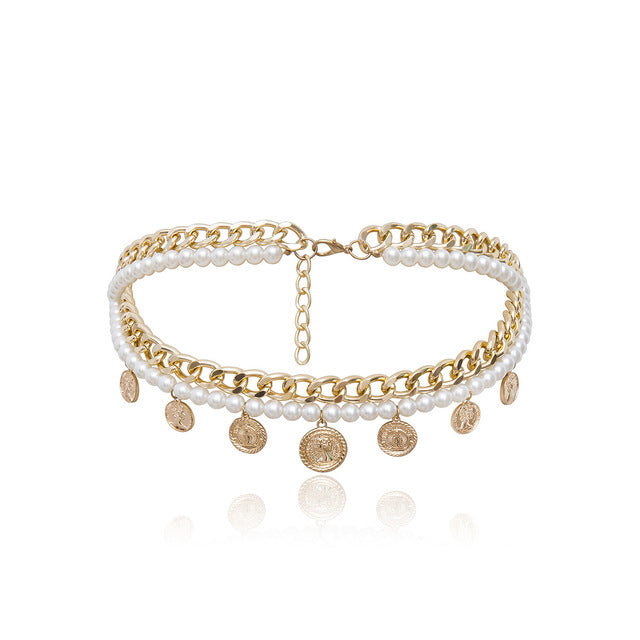 Modische Body-Chain mit Quasten, Relief-Design und runden Perlen, geometrische Taillenkette für Damen