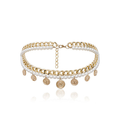 Modische Body-Chain mit Quasten, Relief-Design und runden Perlen, geometrische Taillenkette für Damen