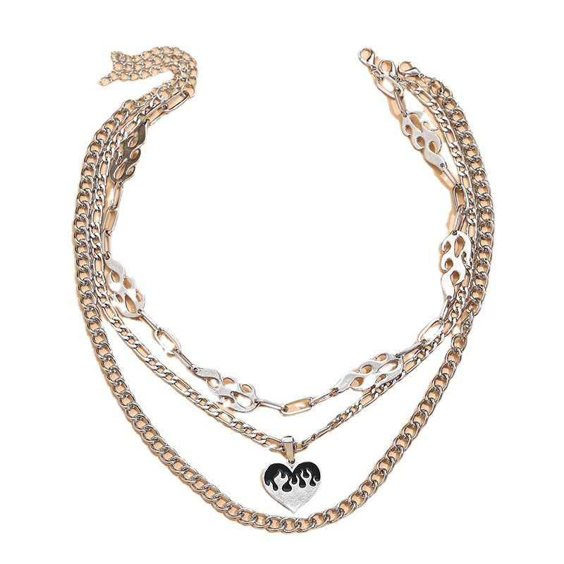 Striking multi-layered women's necklace with flame and heart motif