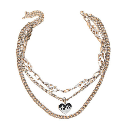 Striking multi-layered women's necklace with flame and heart motif
