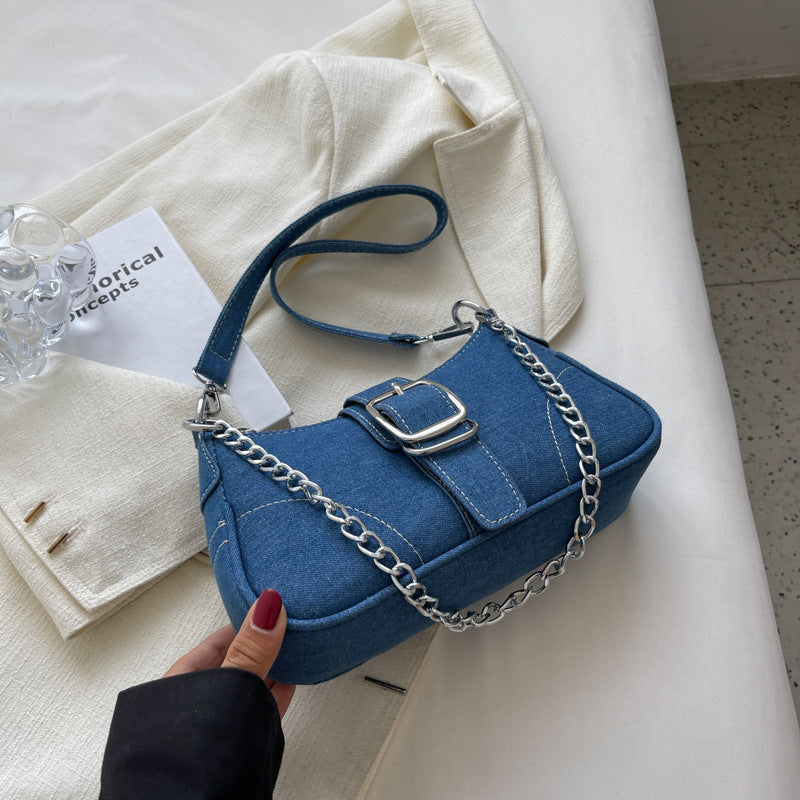Denim shoulder bag for women with chain, fashionable crossbody handbag, small square underarm bag