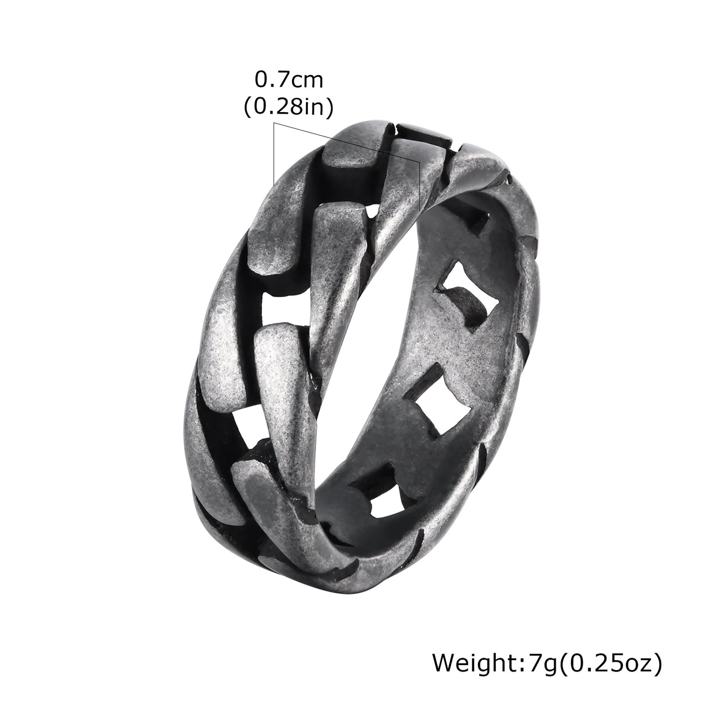 Herrenring aus Titanstahl mit flacher Kette, Retro-Punk-Stil, markantes Hohl-Design