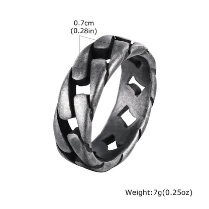 Herrenring aus Titanstahl mit flacher Kette, Retro-Punk-Stil, markantes Hohl-Design
