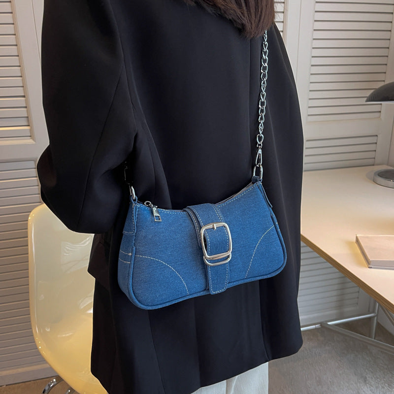 Denim shoulder bag for women with chain, fashionable crossbody handbag, small square underarm bag