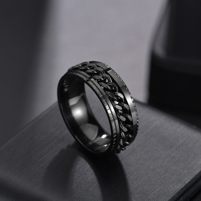 Drehbarer Herrenring aus Titanstahl mit Kette, cooler Designring