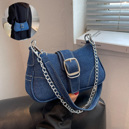 Denim shoulder bag for women with chain, fashionable crossbody handbag, small square underarm bag