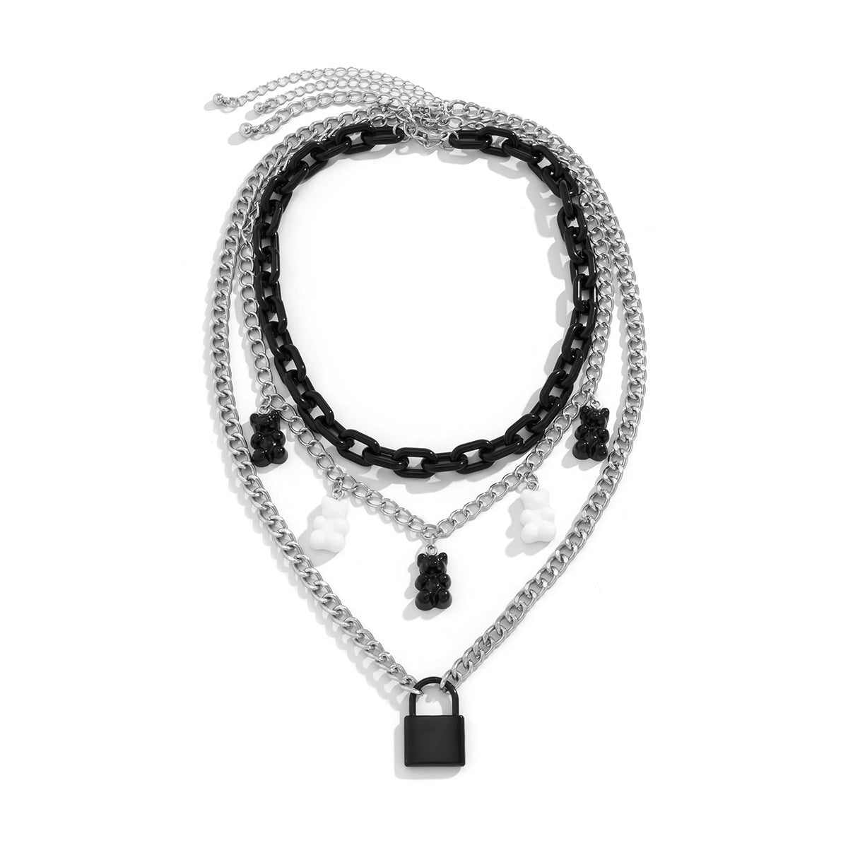 Fashionable multi-layered women's necklace with lock pendant and metal tassels