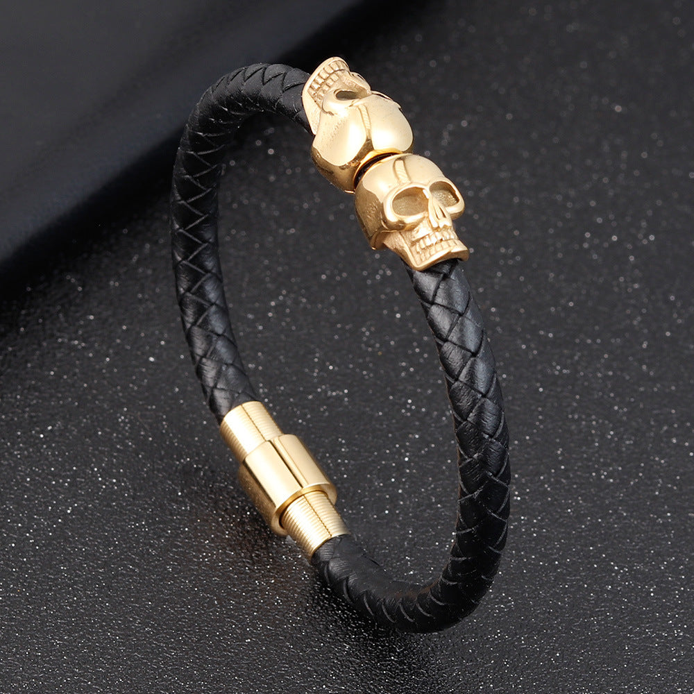 Herren-Lederarmband mit Totenkopf aus Edelstahl, geflochtenes schlichtes Design