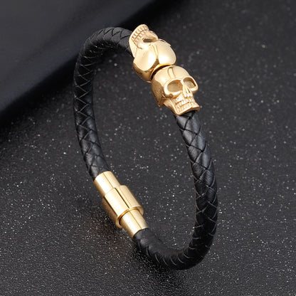 Herren-Lederarmband mit Totenkopf aus Edelstahl, geflochtenes schlichtes Design