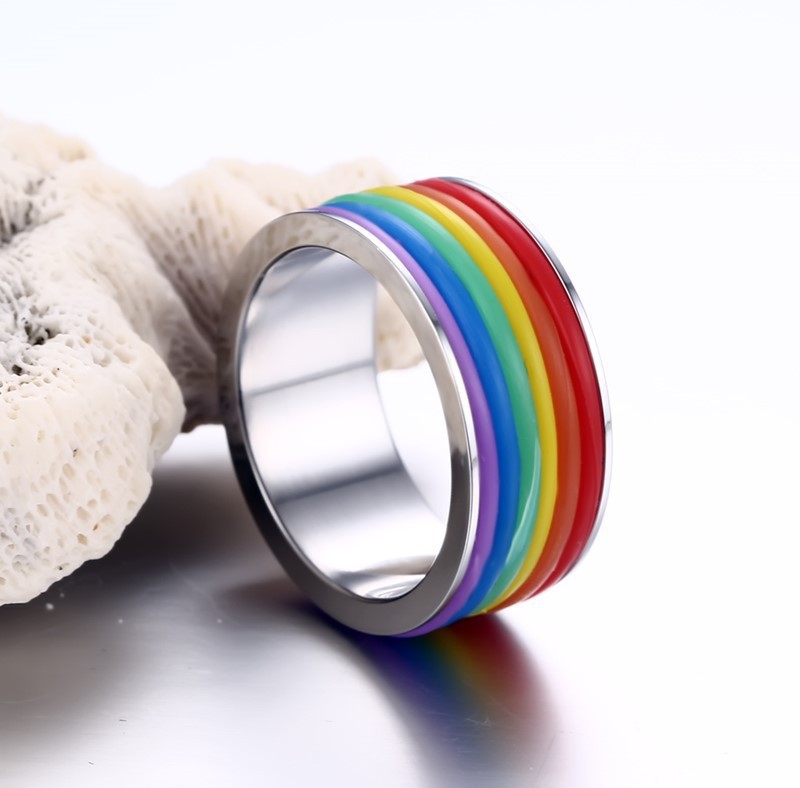 Edelstahlring mit Regenbogenflaggen-Design, Emaille-Finish, Pride-Ring