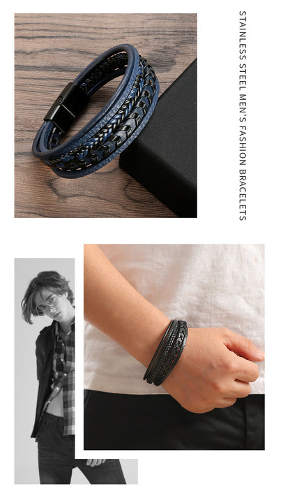 Fashionable multi-layered bracelet made of braided leather strap
