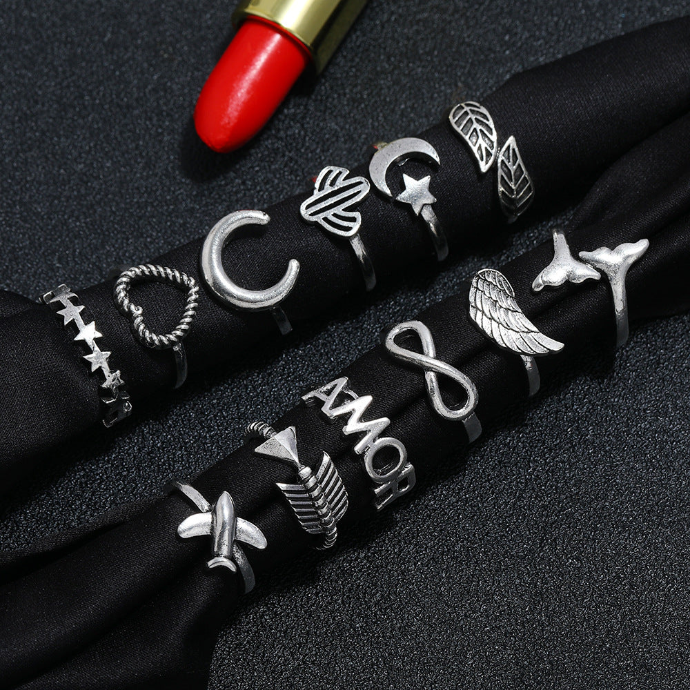 Retro-Ring-Set mit kreativem Cartoon-Design aus silberfarbenem Metall