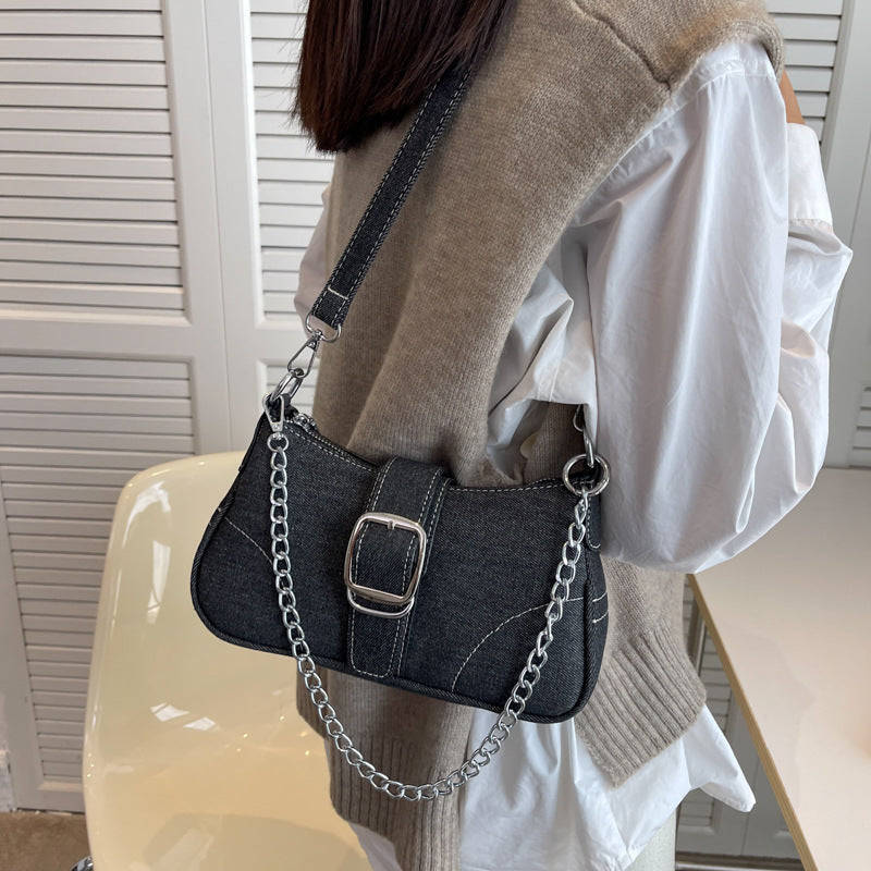 Denim shoulder bag for women with chain, fashionable crossbody handbag, small square underarm bag