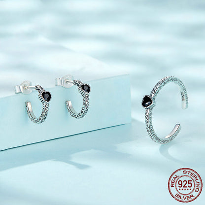 Vintage jewelry set with black zirconia ring and matching earrings